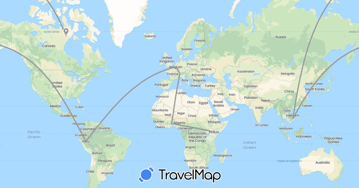 TravelMap itinerary: driving, plane in Belgium, Canada, Switzerland, Kenya, Peru, Togo, Vietnam (Africa, Asia, Europe, North America, South America)